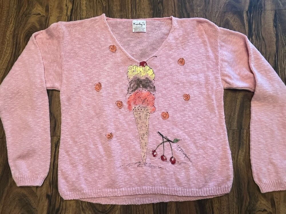 Vtg Kunky's Knit Sweater Pink Hand Painted Ice Cream Cherries Summer Sz M (?)